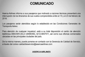 Venezuela a suspende operacion di Aserca Airlines tambe
