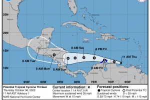 NHC: Ola tropical pazuid di Aruba a bira depresion tropical potencial #13
